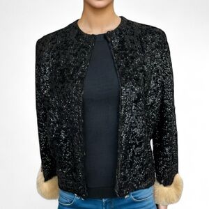 Vintage 1950s Black Sequin Jacket with Fur Trim chic retro glam blazer
